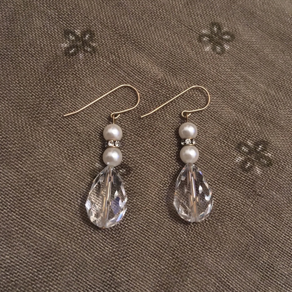 Vintage Faux Pearl and Clear Beaded Dangle Hook Earrings